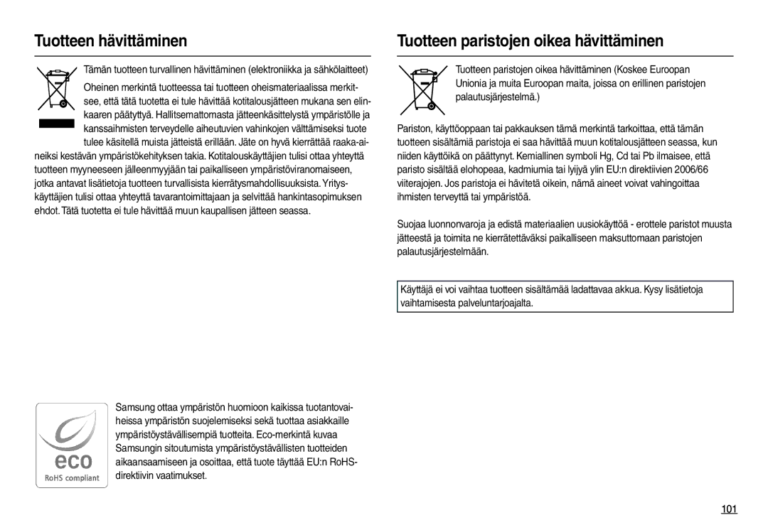 Samsung EC-L210ZBBA/E2, EC-L210ZUDA/E3, EC-L210ZSDA/E3 manual Tuotteen hävittäminen, Tuotteen paristojen oikea hävittäminen 