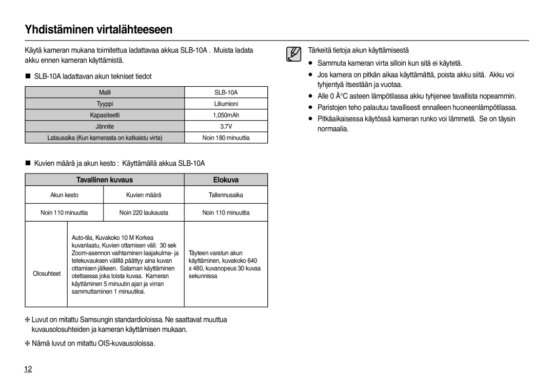 Samsung EC-L210ZBDA/E3 manual Yhdistäminen virtalähteeseen, „ Kuvien määrä ja akun kesto Käyttämällä akkua SLB-10A 