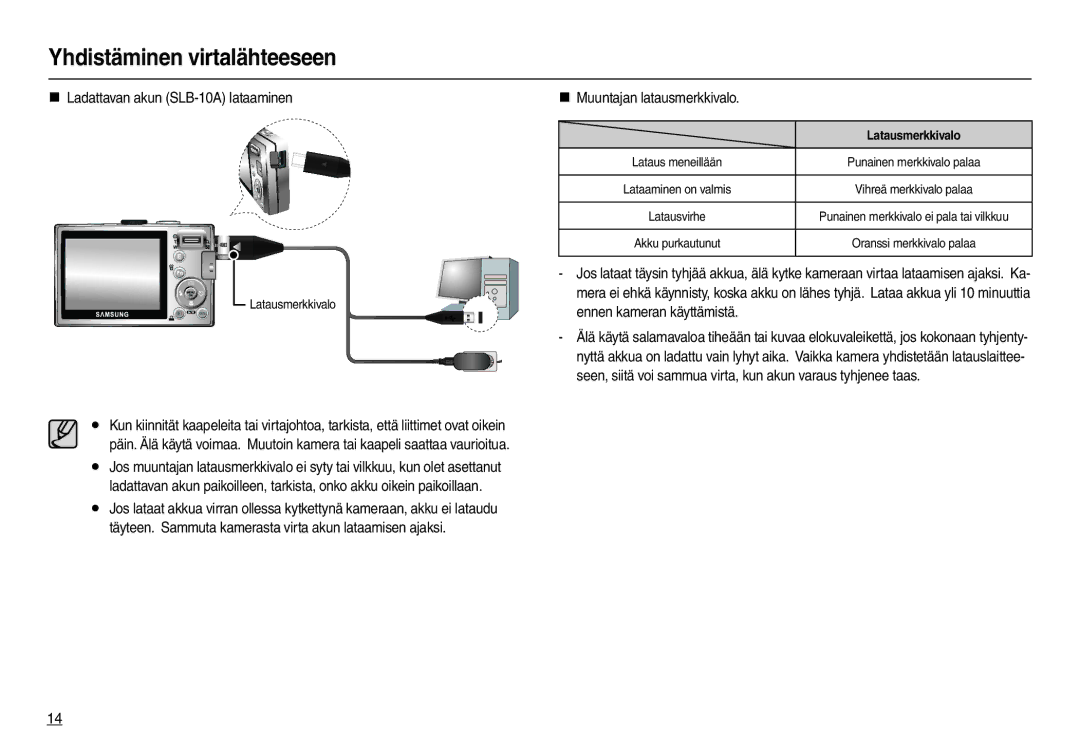 Samsung EC-L210ZSBA/E2 manual „ Ladattavan akun SLB-10A lataaminen, „ Muuntajan latausmerkkivalo, Latausmerkkivalo 