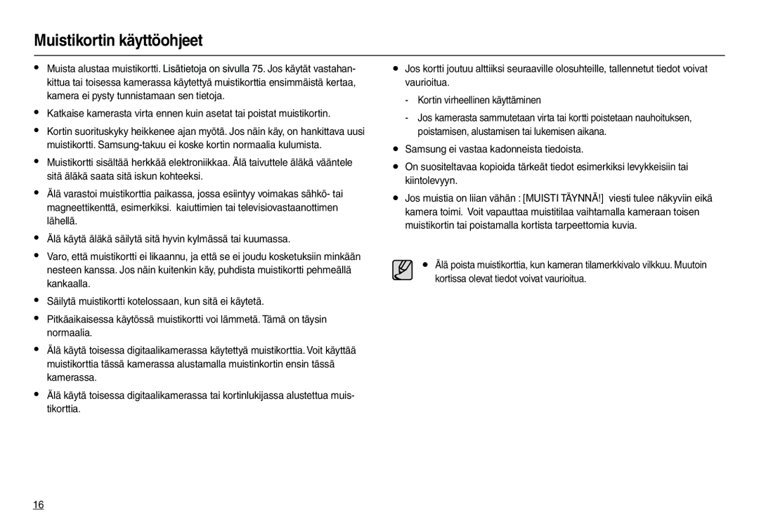 Samsung EC-L210ZSDA/E3, EC-L210ZUDA/E3, EC-L210ZRDA/E3, EC-L210ZRBA/E2, EC-L210ZPDA/E3 manual Muistikortin käyttöohjeet 