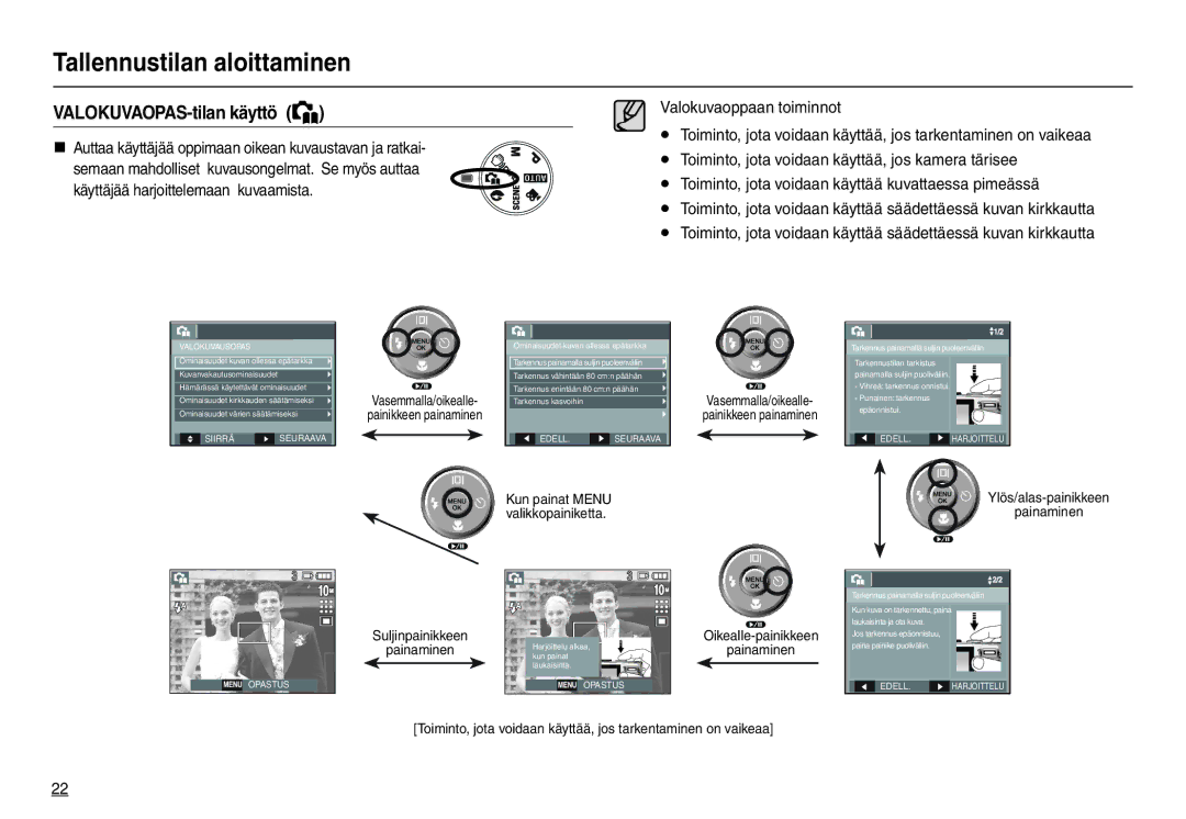 Samsung EC-L210ZSBA/E2, EC-L210ZUDA/E3, EC-L210ZSDA/E3, EC-L210ZRDA/E3 manual VALOKUVAOPAS-tilan käyttö, Valokuvausopas 