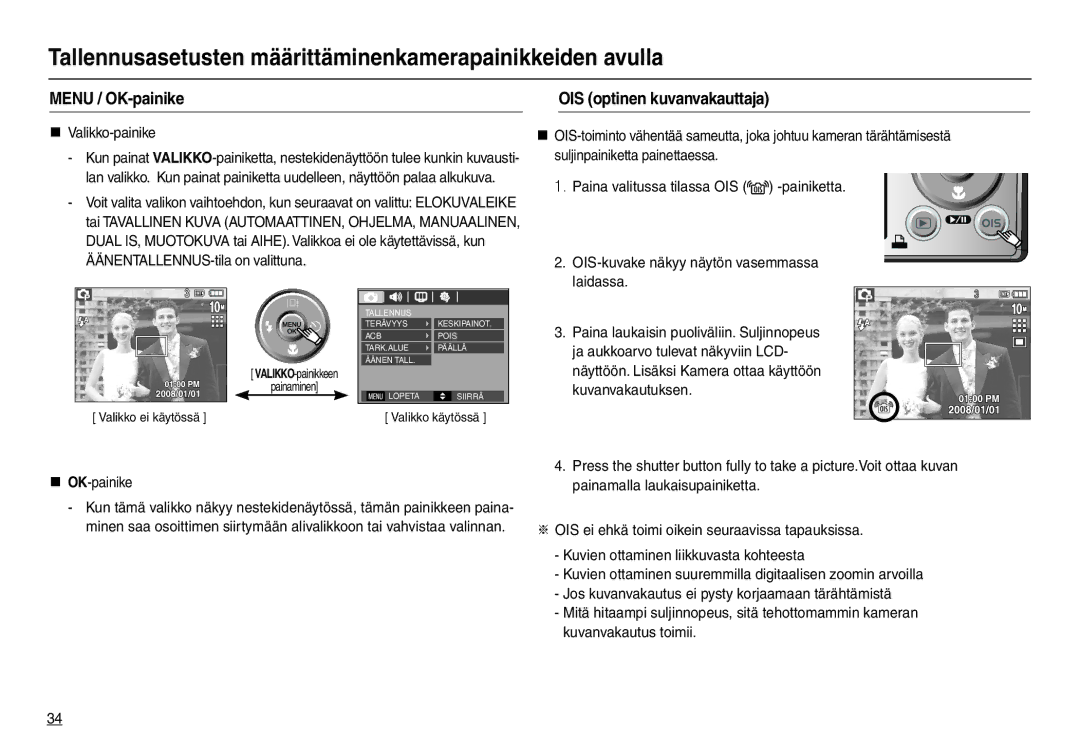 Samsung EC-L210ZRBA/E2 manual Menu / OK-painike OIS optinen kuvanvakauttaja, Suljinpainiketta painettaessa, „ OK-painike 