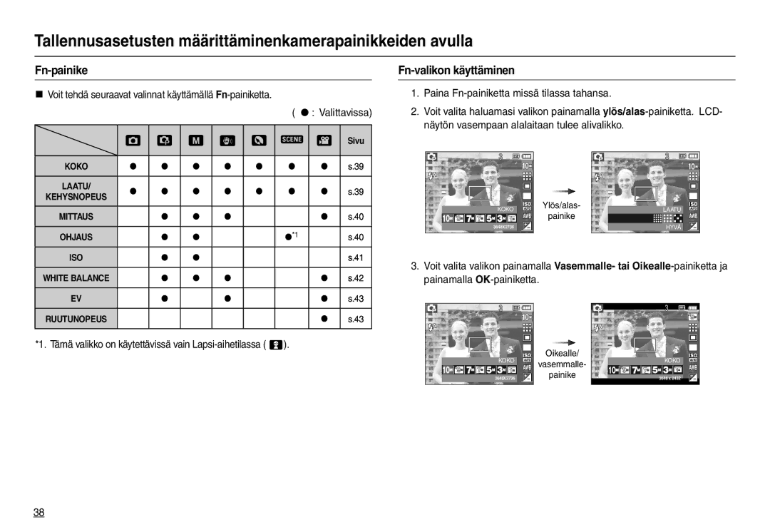 Samsung EC-L210ZSBA/E2 manual Fn-painike, Fn-valikon käyttäminen, Tämä valikko on käytettävissä vain Lapsi-aihetilassa  