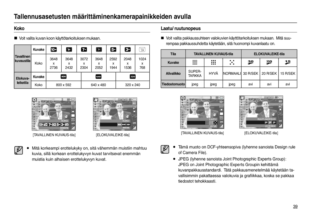 Samsung EC-L210ZUDA/E3, EC-L210ZSDA/E3 manual Koko, Laatu/ ruutunopeus, Tila Tavallinen KUVAUS-tila ELOKUVALEIKE-tila 