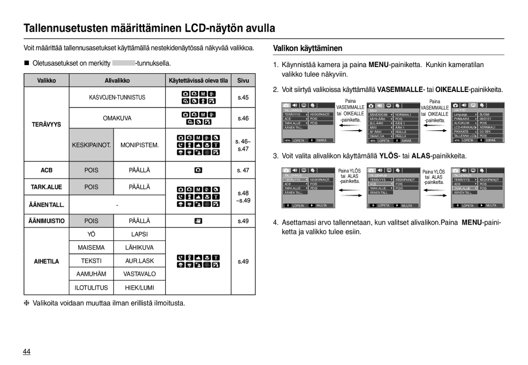 Samsung EC-L210ZBDA/E3, EC-L210ZUDA/E3 manual Tallennusetusten määrittäminen LCD-näytön avulla, Valikon käyttäminen 