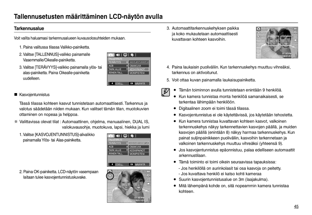 Samsung EC-L210ZBBA/E2, EC-L210ZUDA/E3, EC-L210ZSDA/E3, EC-L210ZRDA/E3, EC-L210ZRBA/E2, EC-L210ZPDA/E3 manual Tarkennusalue 