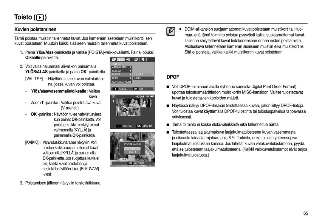 Samsung EC-L210ZRDA/E3, EC-L210ZUDA/E3, EC-L210ZSDA/E3 manual Kuvien poistaminen, Ylös/alas/vasemmalle/oikealle Valitse 