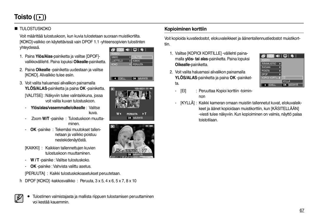 Samsung EC-L210ZPDA/E3, EC-L210ZUDA/E3, EC-L210ZSDA/E3 manual Kopioiminen korttiin, Non, Minen, Tulostuskoon muuttaminen 