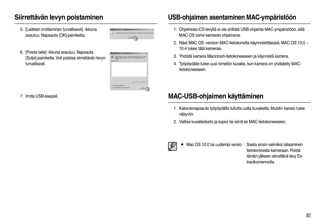 Samsung EC-L210ZUDA/E3, EC-L210ZSDA/E3 manual USB-ohjaimen asentaminen MAC-ympäristöön, MAC-USB-ohjaimen käyttäminen 