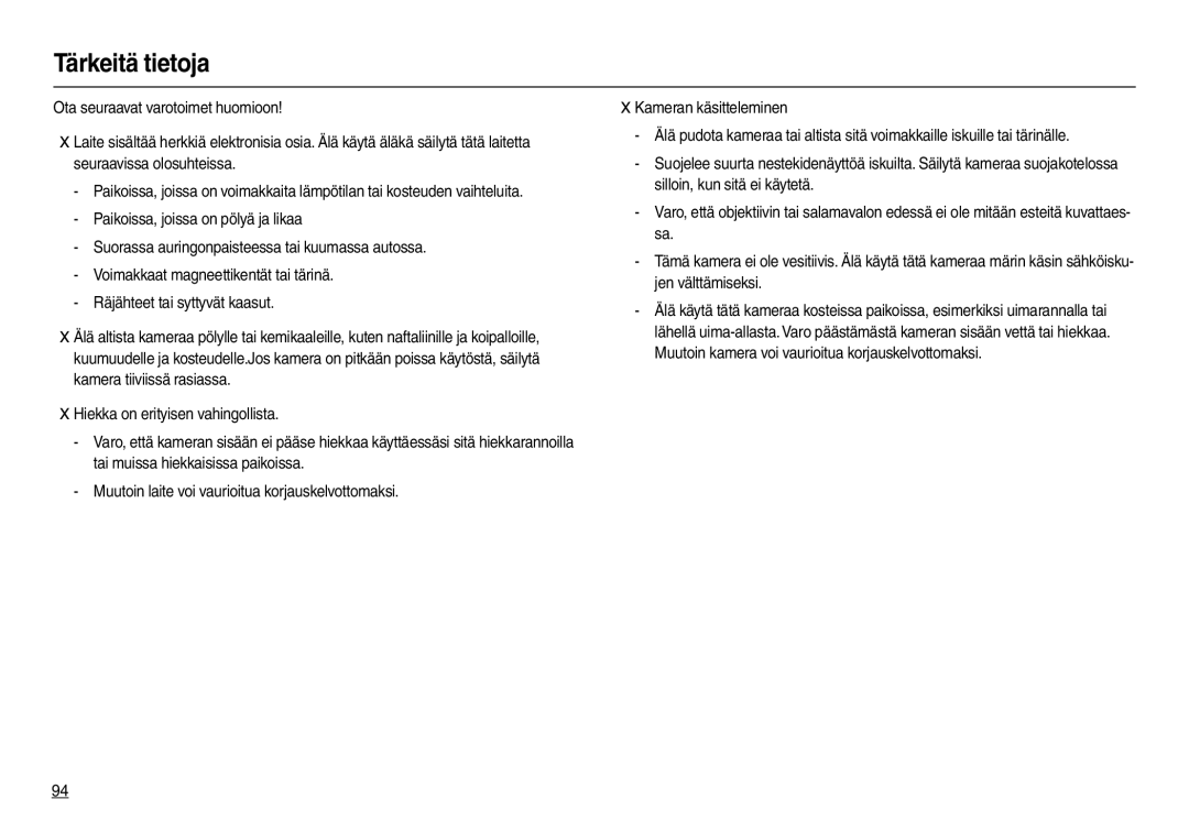 Samsung EC-L210ZSBA/E2, EC-L210ZUDA/E3, EC-L210ZSDA/E3, EC-L210ZRDA/E3, EC-L210ZRBA/E2, EC-L210ZPDA/E3 manual Tärkeitä tietoja 