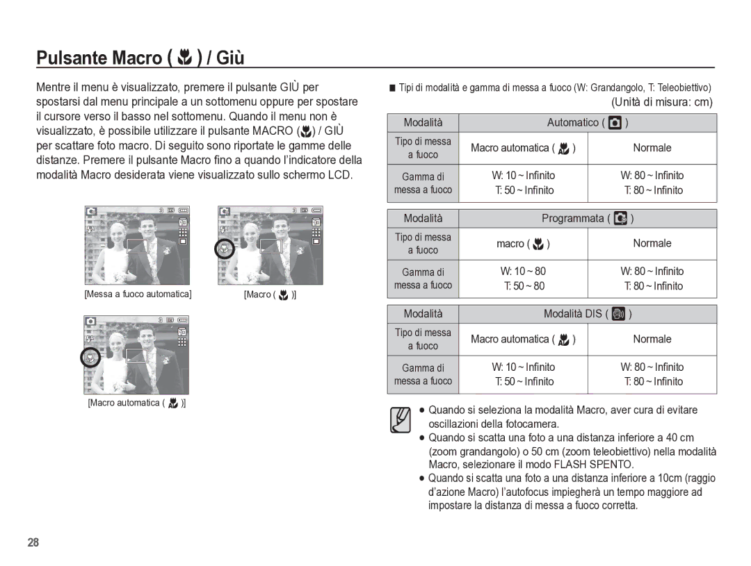 Samsung EC-L301ZBBP/IT manual Pulsante Macro e / Giù, Unità di misura cm, Automatico Š, Modalità DIS ÿ 