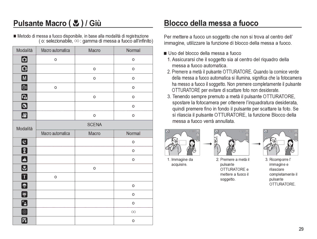 Samsung EC-L301ZBBP/IT manual Blocco della messa a fuoco, Macro Normal 