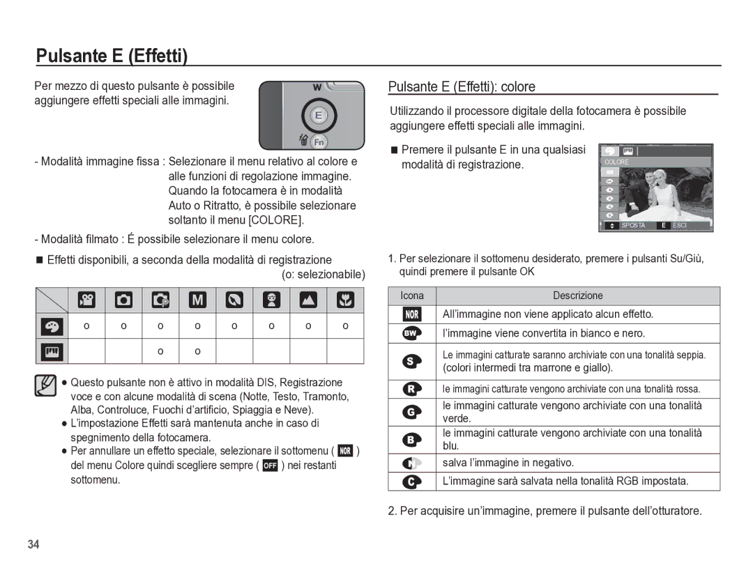 Samsung EC-L301ZBBP/IT manual † Š ‰, Pulsante E Effetti colore, Modalità di registrazione 