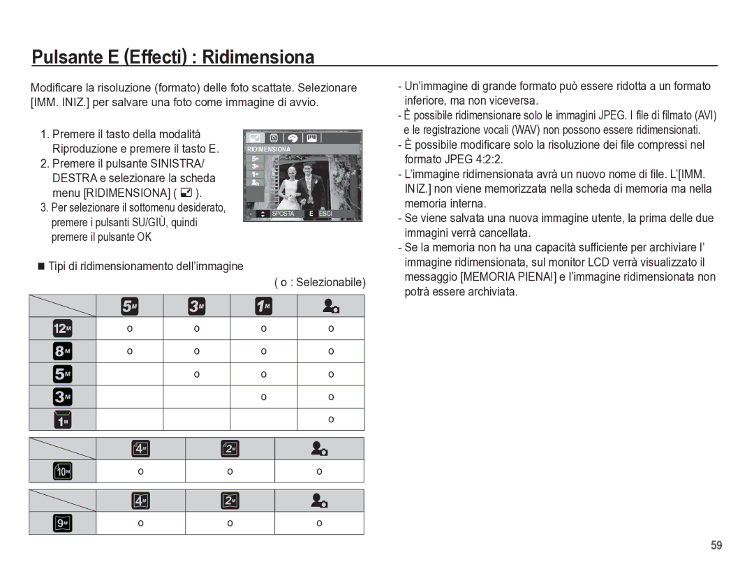 Samsung EC-L301ZBBP/IT manual Pulsante E Effecti Ridimensiona 