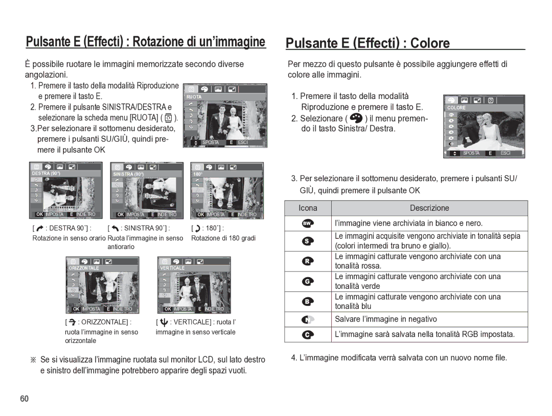 Samsung EC-L301ZBBP/IT manual Pulsante E Effecti Colore, Selezionare Il menu premen Do il tasto Sinistra/ Destra 