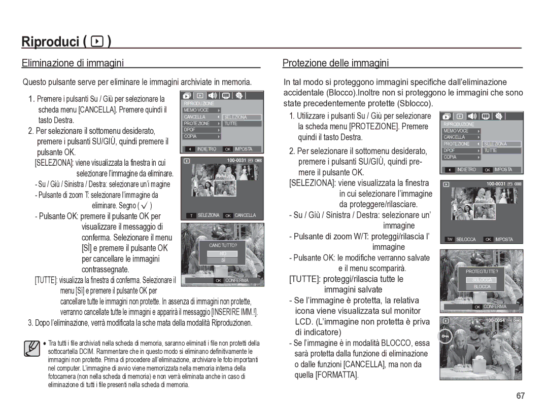 Samsung EC-L301ZBBP/IT manual Eliminazione di immagini, Protezione delle immagini, Tasto Destra 