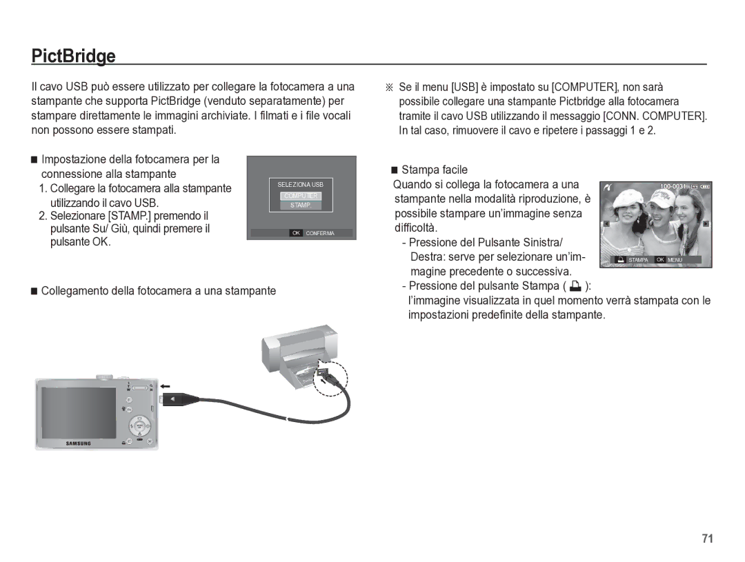 Samsung EC-L301ZBBP/IT manual PictBridge, Stampa facile, Difficoltà Pressione del Pulsante Sinistra 