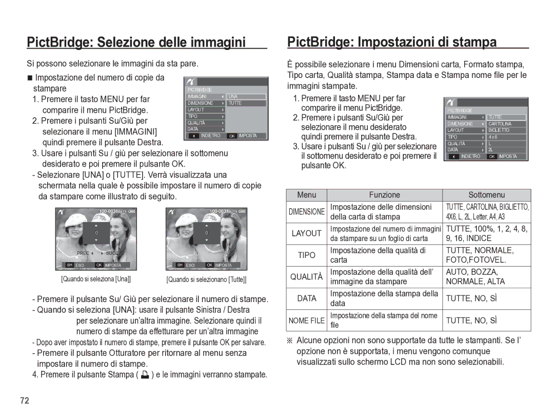 Samsung EC-L301ZBBP/IT manual PictBridge Selezione delle immagini, PictBridge Impostazioni di stampa 