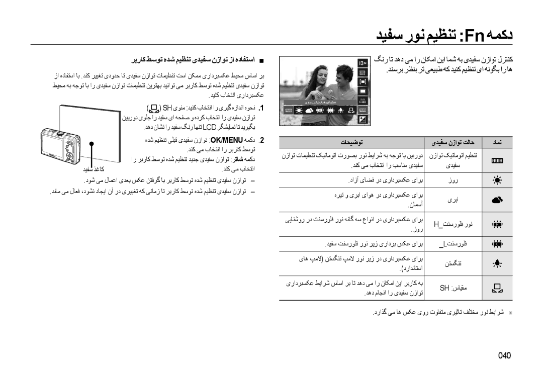 Samsung EC-L310WSBA/AS, EC-L310WBBA/AS manual ﺪﻴﻔﺳ رﻮﻧ ﻢﻴﻈﻨﺗ Fnﻪﻤﻛد, ﺮﺑرﺎﮐ ﻂﺳﻮﺗ ﻩﺪﺷ ﻢﻴﻈﻨﺗ ﯼﺪﻴﻔﺳ نزاﻮﺗ زا ﻩدﺎﻔﺘﺳا, 040 
