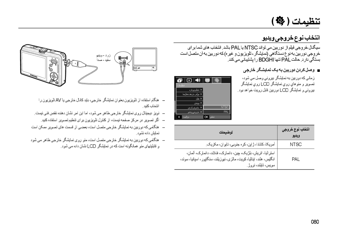 Samsung EC-L310WSBA/AS manual ﺕﺎﻤﻴﻈﻨﺗ, ﻮﻳﺪﻳﻭ ﯽﺟﻭﺮﺧ ﻉﻮﻧ ﺏﺎﺨﺘﻧﺍ, ﺪﻨﮐ ﯽﻣ ﯽﻧﺎﺒﻴﺘﺸﭘ ﺍﺭ Bdghi ﺎﻬﻨﺗ PAL ﺖﻟﺎﺣ .ﺩﺭﺍﺩ ﯽﮕﺘﺴﺑ, 080 