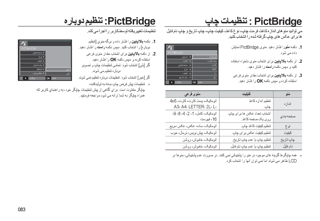 Samsung EC-L310WNDA/AS, EC-L310WBBA/AS, EC-L310WSBA/AS, EC-L310WBDA/AS manual پﺎﭼ تﺎﻤﻴﻈﻨﺗ PictBridge, 083, ﯽﻋﺮﻓ ﯼﻮﻨﻣ ﺖﻴﻠﺑﺎﻗ 