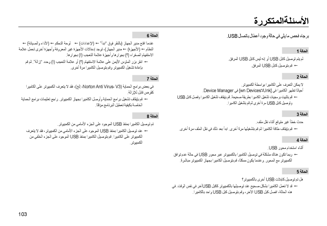 Samsung EC-L310WNDA/AS, EC-L310WBBA/AS manual ةرﺮﻜﺘﻤﻟاﺔﻠﺌﺳﻷا, Usb لﺎﺼﺗﺎﺑ لﺎﻄﻋأ دﻮﺟو ﺔﻟﺎﺣ ﻲﻓ ﻲﻠﻳ ﺎﻣ ﺺﺤﻓ ءﺎﺟﺮﺑ, 103, ﺔﻟﺎﺤﻟا 