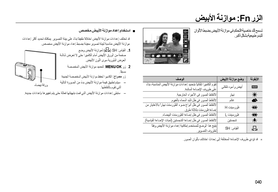 Samsung EC-L310WSBA/AS, EC-L310WBBA/AS, EC-L310WBDA/AS manual ﺾﻴﺑﻷا ﺔﻧزاﻮﻣ Fn رﺰﻟا, ﺺﺼﺨﻣ ﺾﻴﺑﻷا ﺔﻧزاﻮﻣ داﺪﻋإ ماﺪﺨﺘﺳا, 040 