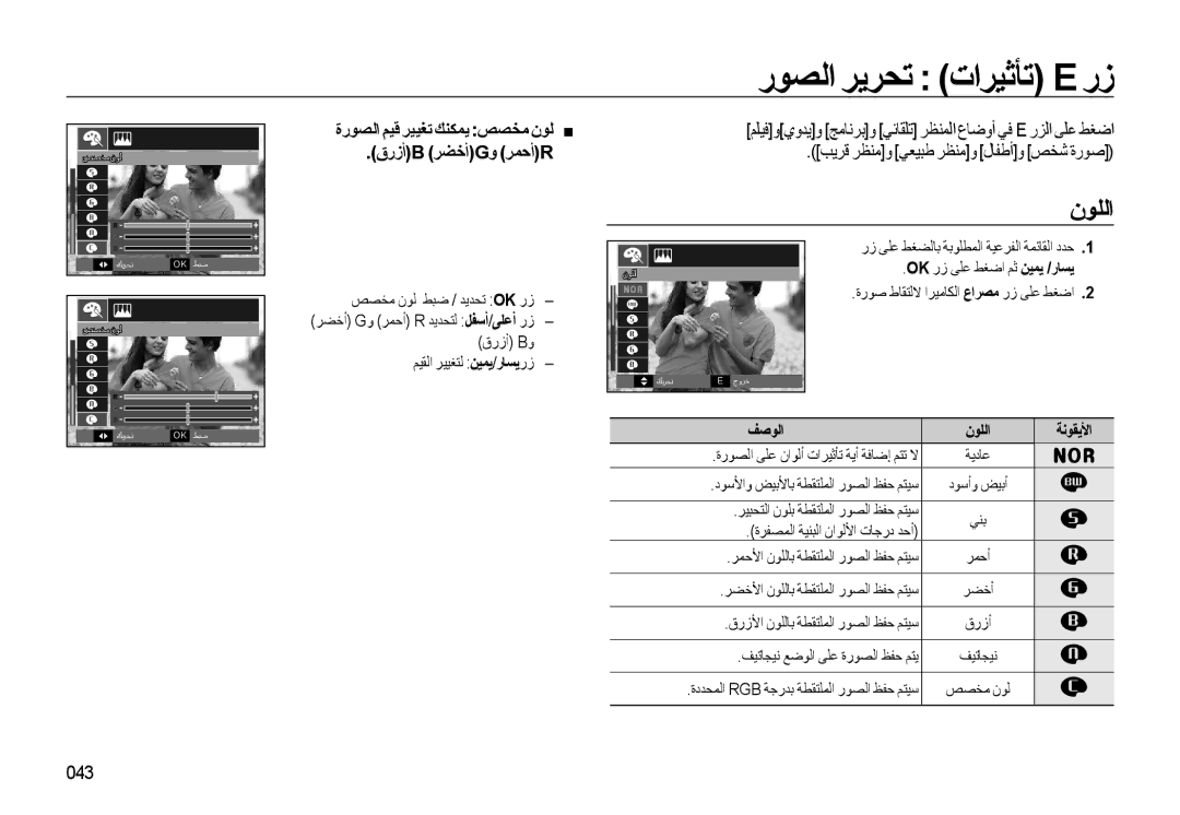 Samsung EC-L310WNDA/AS manual رﻮﺼﻟا ﺮﻳﺮﺤﺗ تاﺮﻴﺛﺄﺗ E رز, نﻮﻠﻟا, ةرﻮﺼﻟا ﻢﻴﻗ ﺮﻴﻴﻐﺗ ﻚﻨﻜﻤﻳ ﺺﺼﺨﻣ نﻮﻟ قرزأb ﺮﻀﺧأgو ﺮﻤﺣأr, 043 