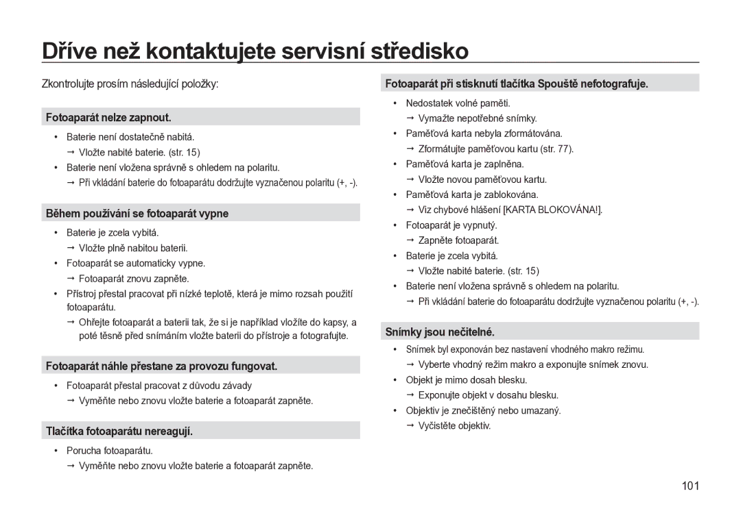 Samsung EC-L310WBBA/E3, EC-L310WNBA/E3, EC-L310WSBA/E3 manual Dříve než kontaktujete servisní středisko 