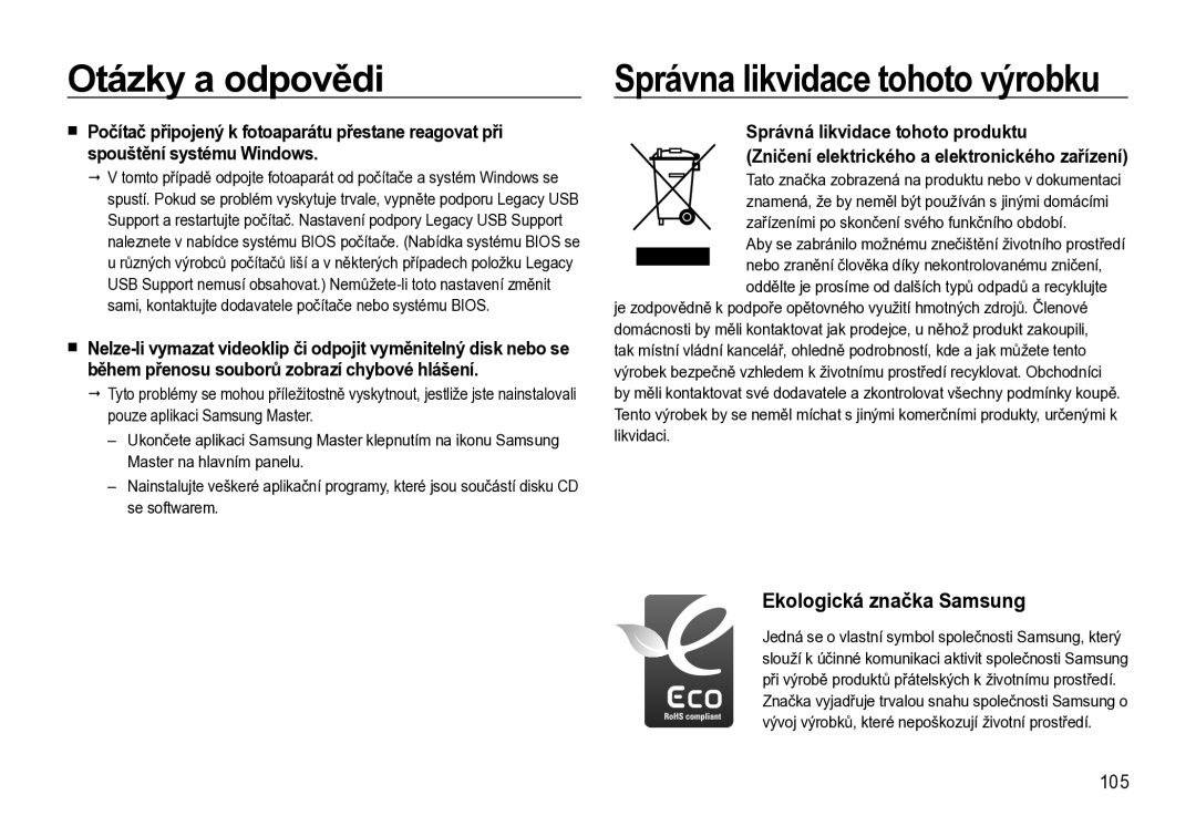 Samsung EC-L310WNBA/E3 manual Správna likvidace tohoto výrobku, 105, Zařízeními po skončení svého funkčního období 