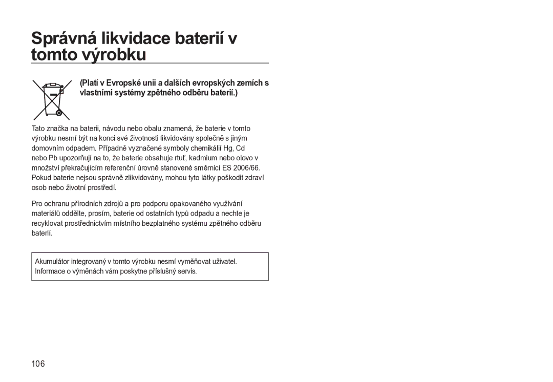 Samsung EC-L310WSBA/E3, EC-L310WBBA/E3, EC-L310WNBA/E3 manual Správná likvidace baterií v tomto výrobku, 106 