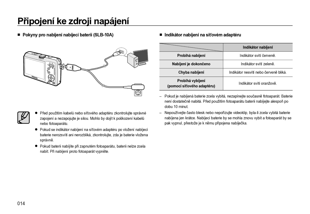 Samsung EC-L310WBBA/E3 manual 014, Pokyny pro nabíjení nabíjecí baterii SLB-10A, Indikátor nabíjení na síťovém adaptéru 