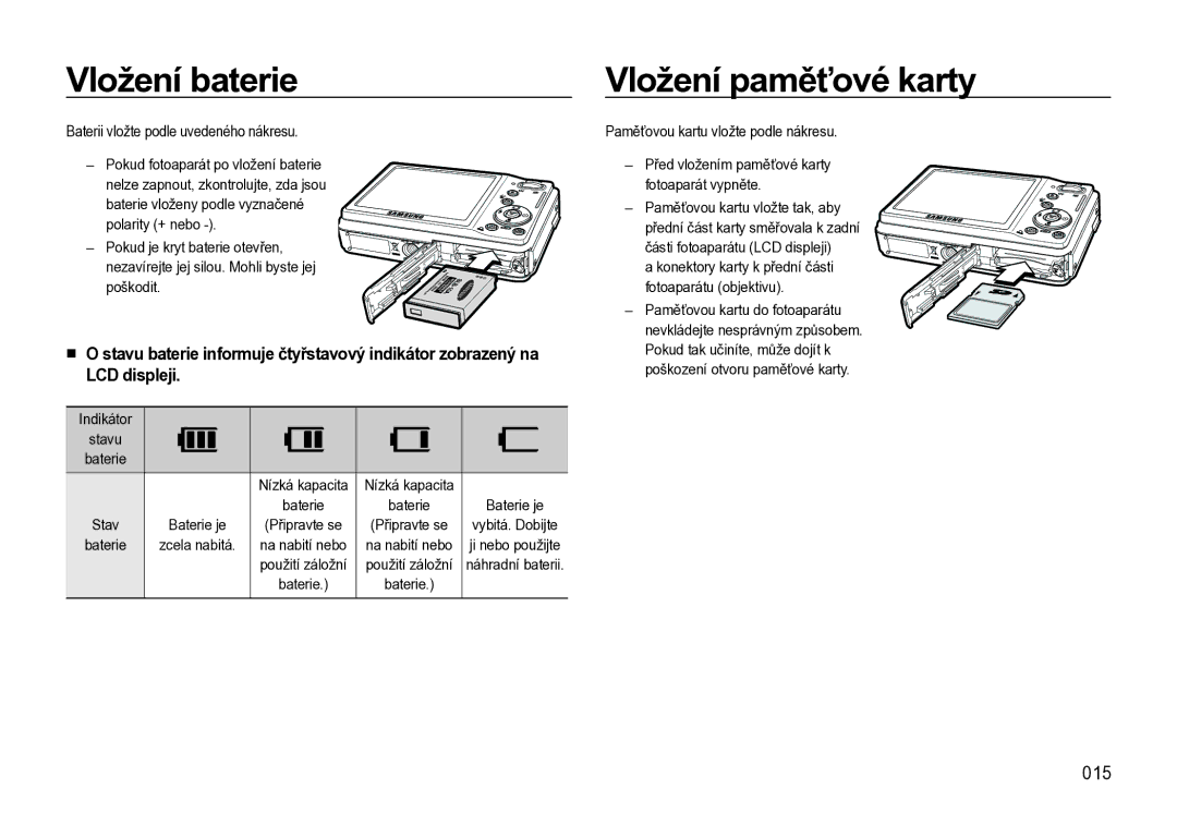 Samsung EC-L310WNBA/E3 Vložení baterie, Vložení paměťové karty, 015, Baterii vložte podle uvedeného nákresu, Indikátor 