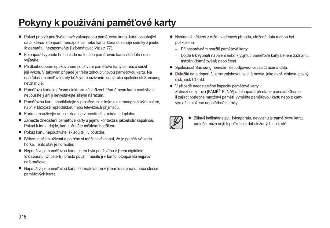 Samsung EC-L310WSBA/E3, EC-L310WBBA/E3, EC-L310WNBA/E3 manual Pokyny k používání paměťové karty, 016 