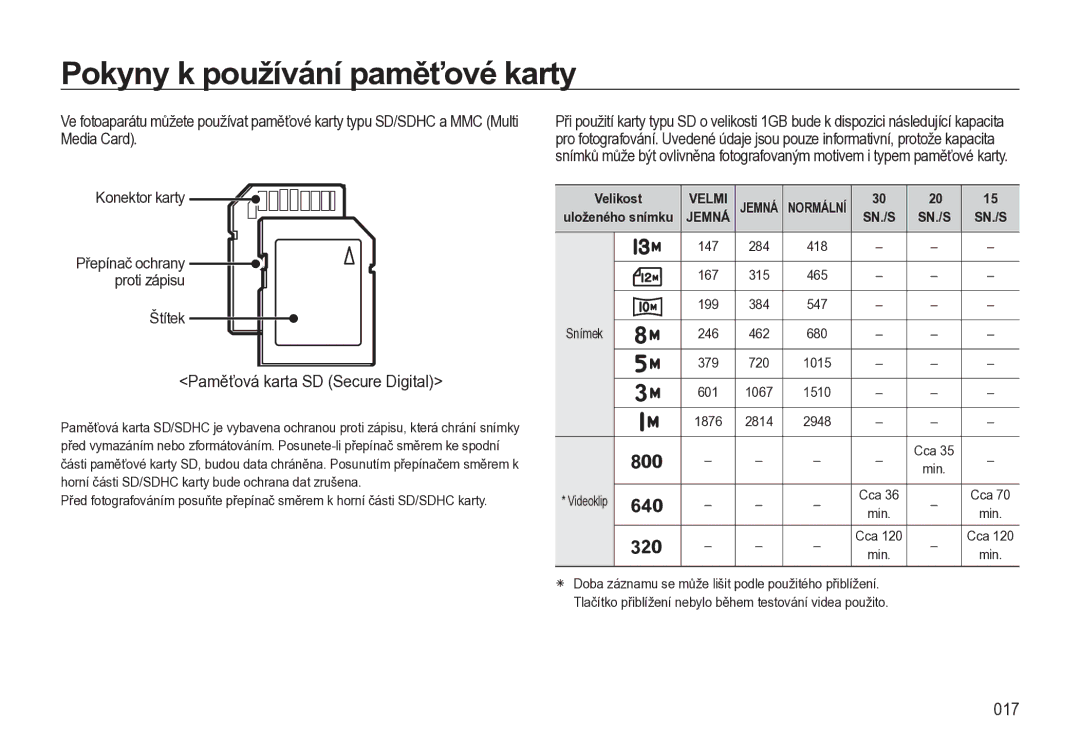 Samsung EC-L310WBBA/E3, EC-L310WNBA/E3, EC-L310WSBA/E3 manual Paměťová karta SD Secure Digital, 017, Velikost 