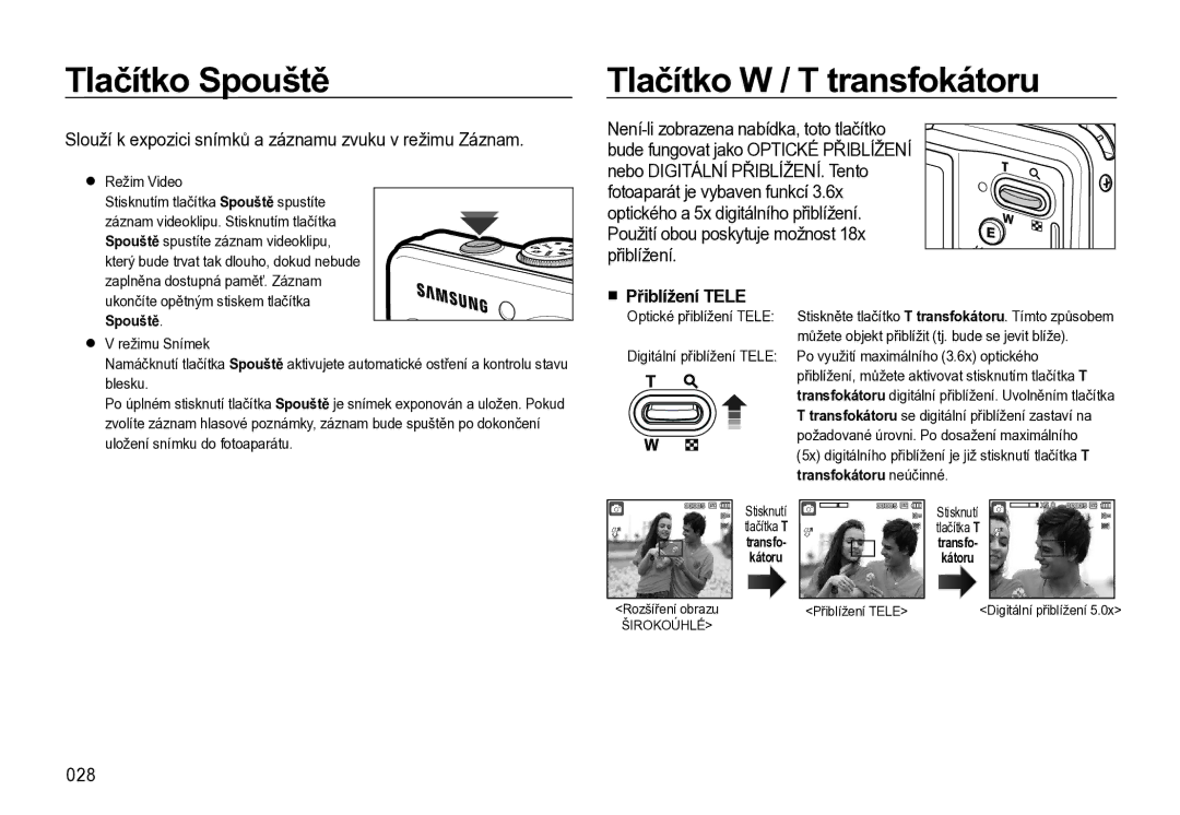 Samsung EC-L310WSBA/E3, EC-L310WBBA/E3, EC-L310WNBA/E3 Tlačítko Spouště, Tlačítko W / T transfokátoru, 028, Přiblížení Tele 