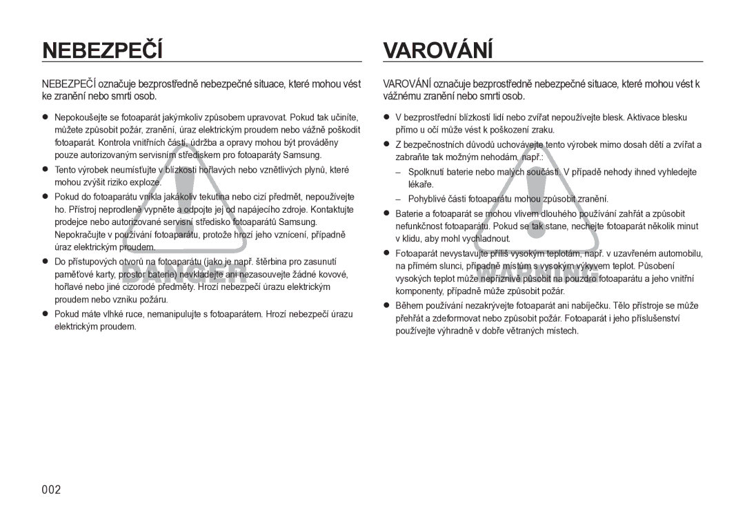 Samsung EC-L310WBBA/E3, EC-L310WNBA/E3, EC-L310WSBA/E3 manual Nebezpečí, 002 