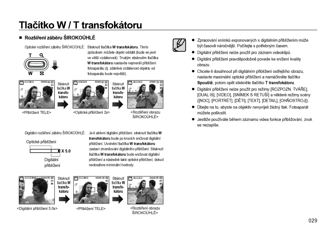 Samsung EC-L310WBBA/E3, EC-L310WNBA/E3, EC-L310WSBA/E3 manual 029, Rozšíření záběru Širokoúhlé, Digitální, Přiblížení 