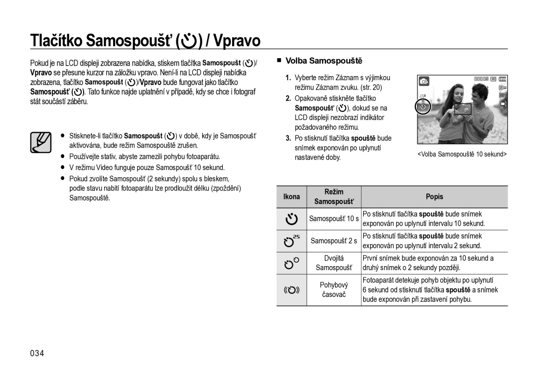 Samsung EC-L310WSBA/E3, EC-L310WBBA/E3 manual Tlačítko Samospoušť / Vpravo, Volba Samospouště, 034, Ikona Režim Popis 