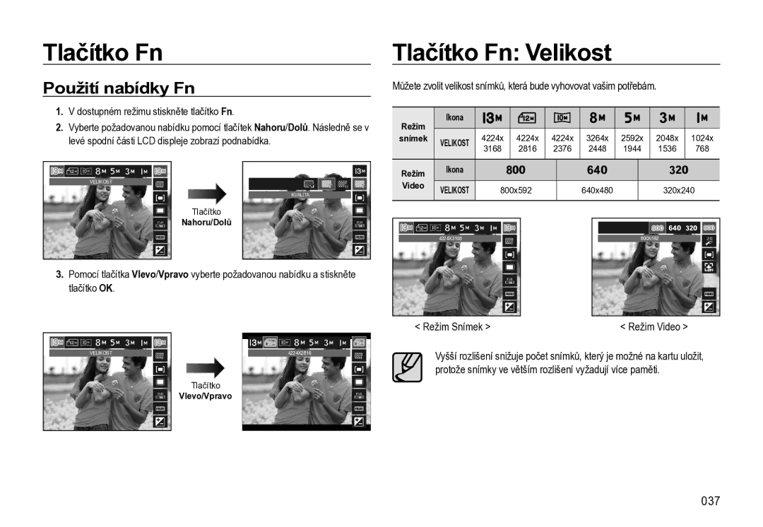 Samsung EC-L310WSBA/E3 Tlačítko Fn Tlačítko Fn Velikost, Použití nabídky Fn, 037, Dostupném režimu stiskněte tlačítko Fn 