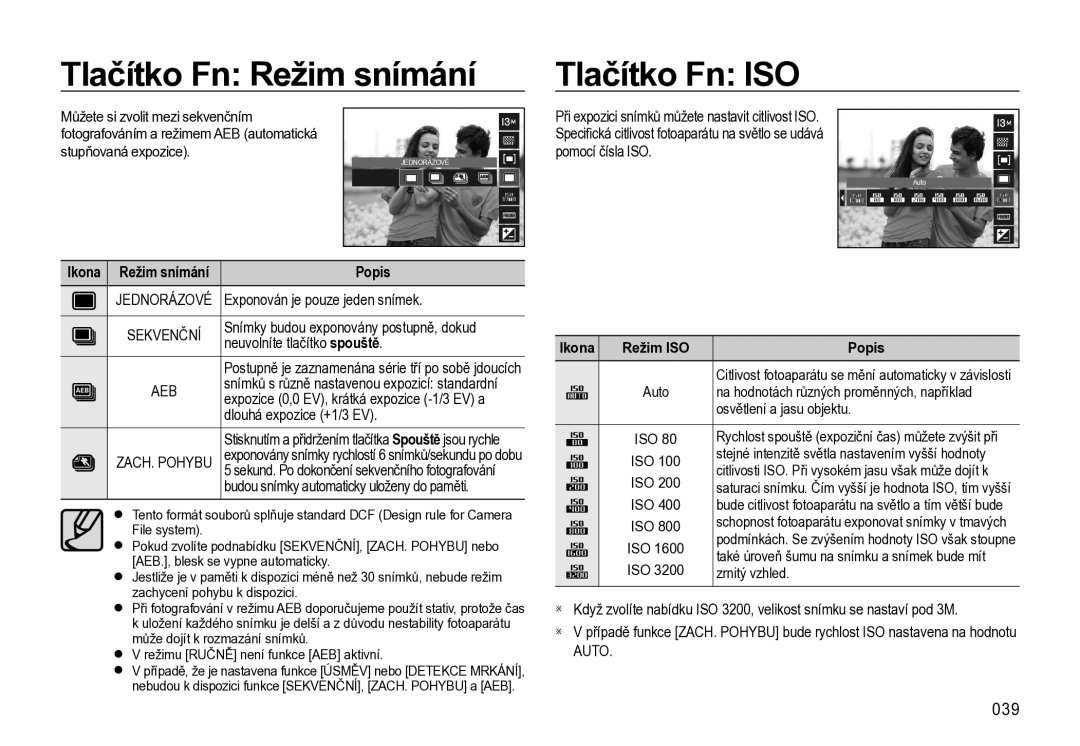 Samsung EC-L310WNBA/E3, EC-L310WBBA/E3 manual Tlačítko Fn Režim snímání Tlačítko Fn ISO, 039, Ikona Režim ISO Popis 