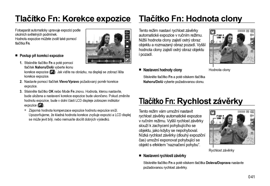 Samsung EC-L310WBBA/E3 manual Tlačítko Fn Korekce expozice Tlačítko Fn Hodnota clony, Tlačítko Fn Rychlost závěrky, 041 