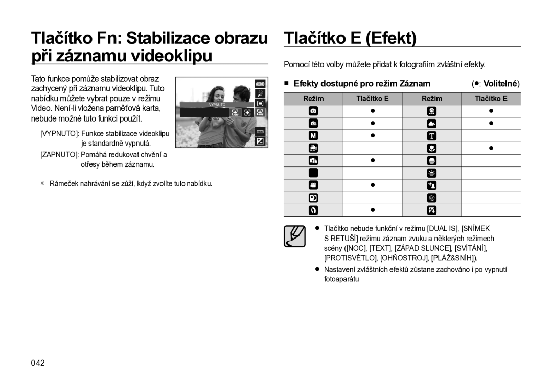 Samsung EC-L310WNBA/E3 Nebude možné tuto funkci použít, Efekty dostupné pro režim Záznam, 042, Volitelné, Režim Tlačítko E 