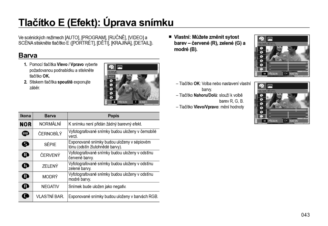 Samsung EC-L310WSBA/E3, EC-L310WBBA/E3, EC-L310WNBA/E3 Tlačítko E Efekt Úprava snímku, 043, Záběr, Ikona Barva Popis 