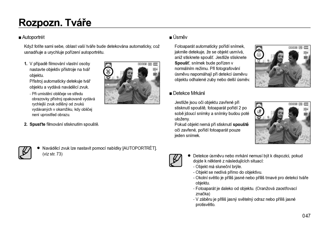Samsung EC-L310WBBA/E3, EC-L310WNBA/E3, EC-L310WSBA/E3 manual Autoportrét, Úsměv, Detekce Mrkání, 047 