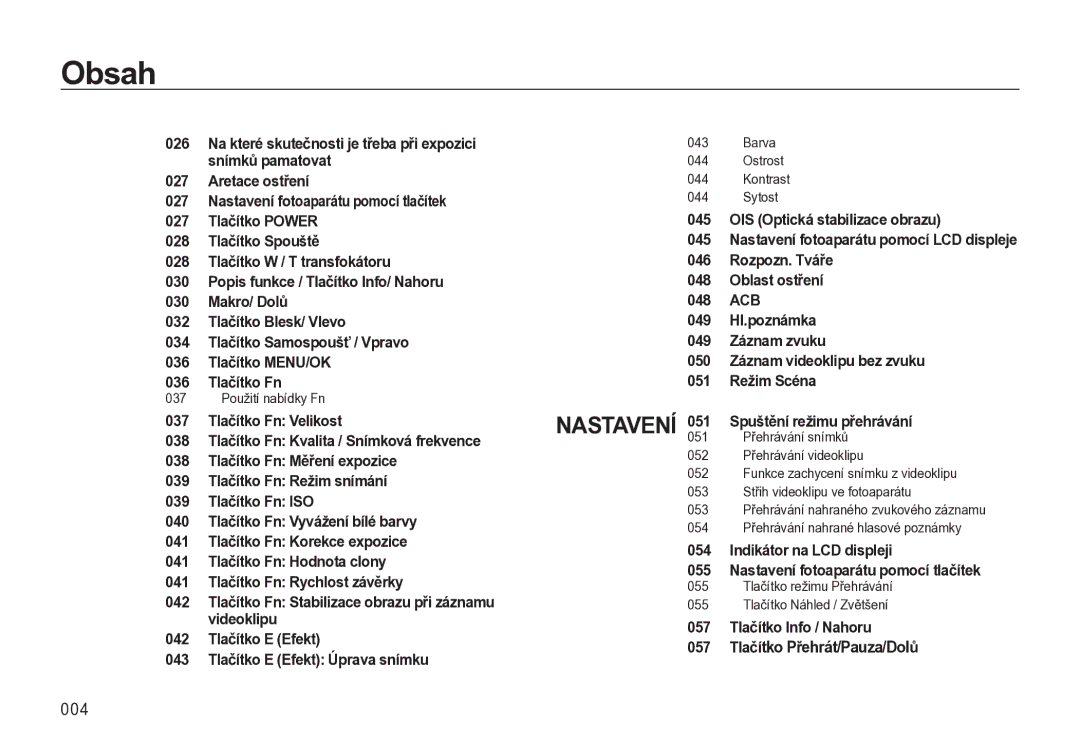 Samsung EC-L310WSBA/E3 manual 004, 057 Tlačítko Info / Nahoru 057 Tlačítko Přehrát/Pauza/Dolů, 037 Použití nabídky Fn 