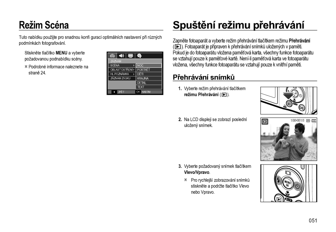 Samsung EC-L310WNBA/E3, EC-L310WBBA/E3, EC-L310WSBA/E3 manual Režim Scéna, Spuštění režimu přehrávání, Přehrávání snímků, 051 