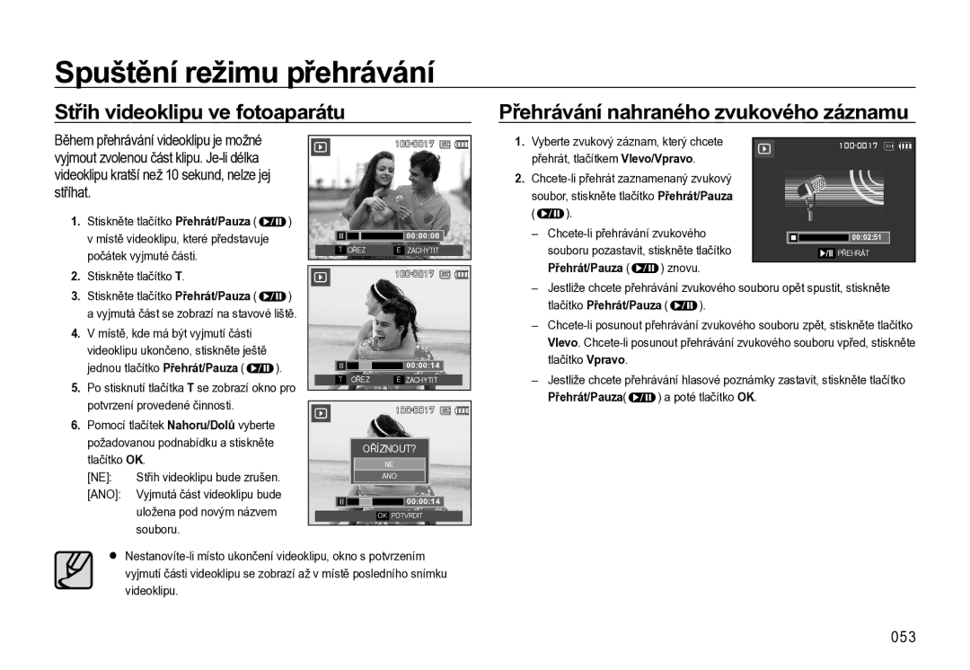 Samsung EC-L310WBBA/E3, EC-L310WNBA/E3, EC-L310WSBA/E3 manual Střih videoklipu ve fotoaparátu, 053 