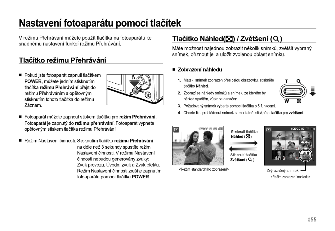 Samsung EC-L310WSBA/E3 Nastavení fotoaparátu pomocí tlačítek, Tlačítko režimu Přehrávání, Tlačítko Náhled / Zvětšení, 055 