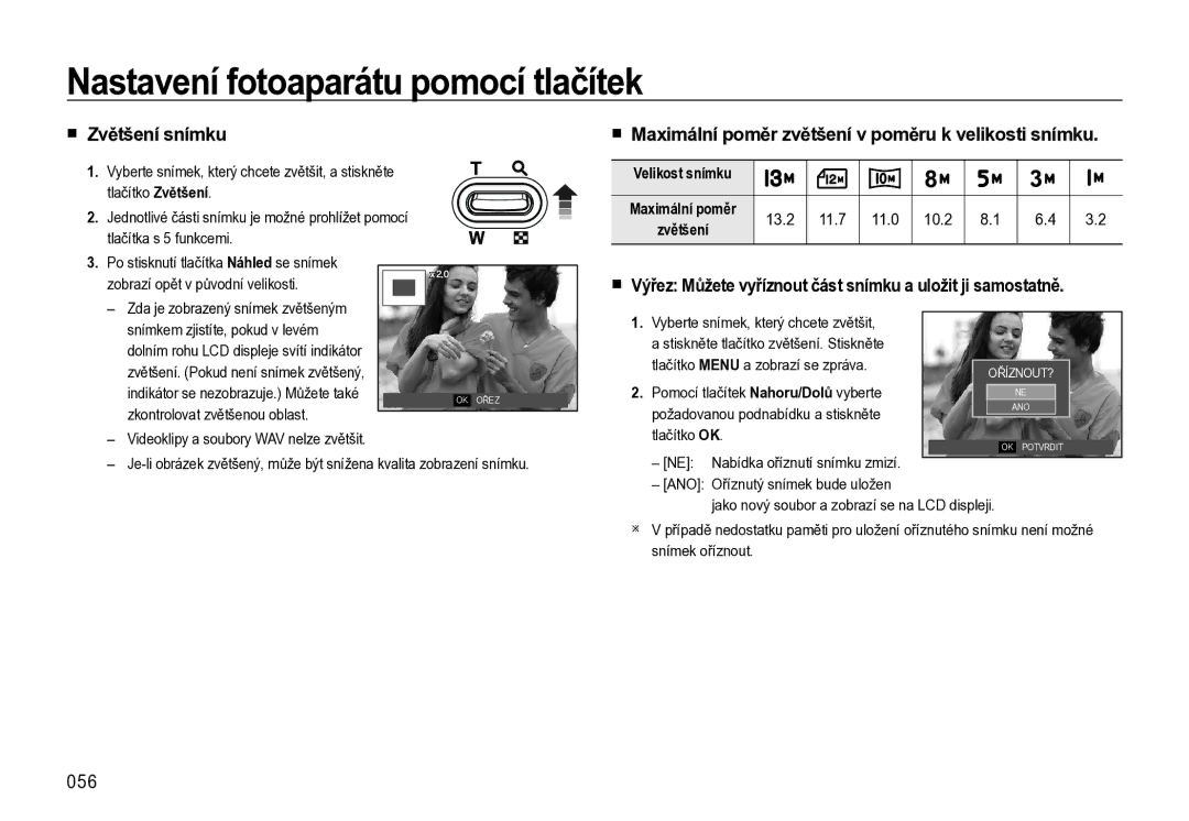 Samsung EC-L310WBBA/E3, EC-L310WNBA/E3 manual Zvětšení snímku, Maximální poměr zvětšení v poměru k velikosti snímku, 056 